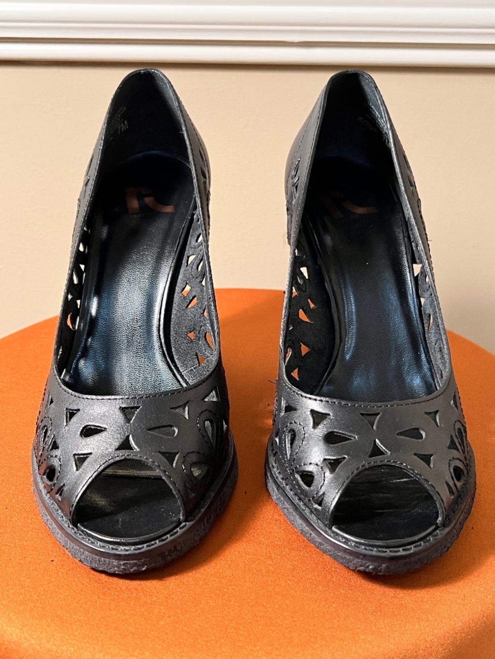 Black leather 4 inch peep toe wedge
